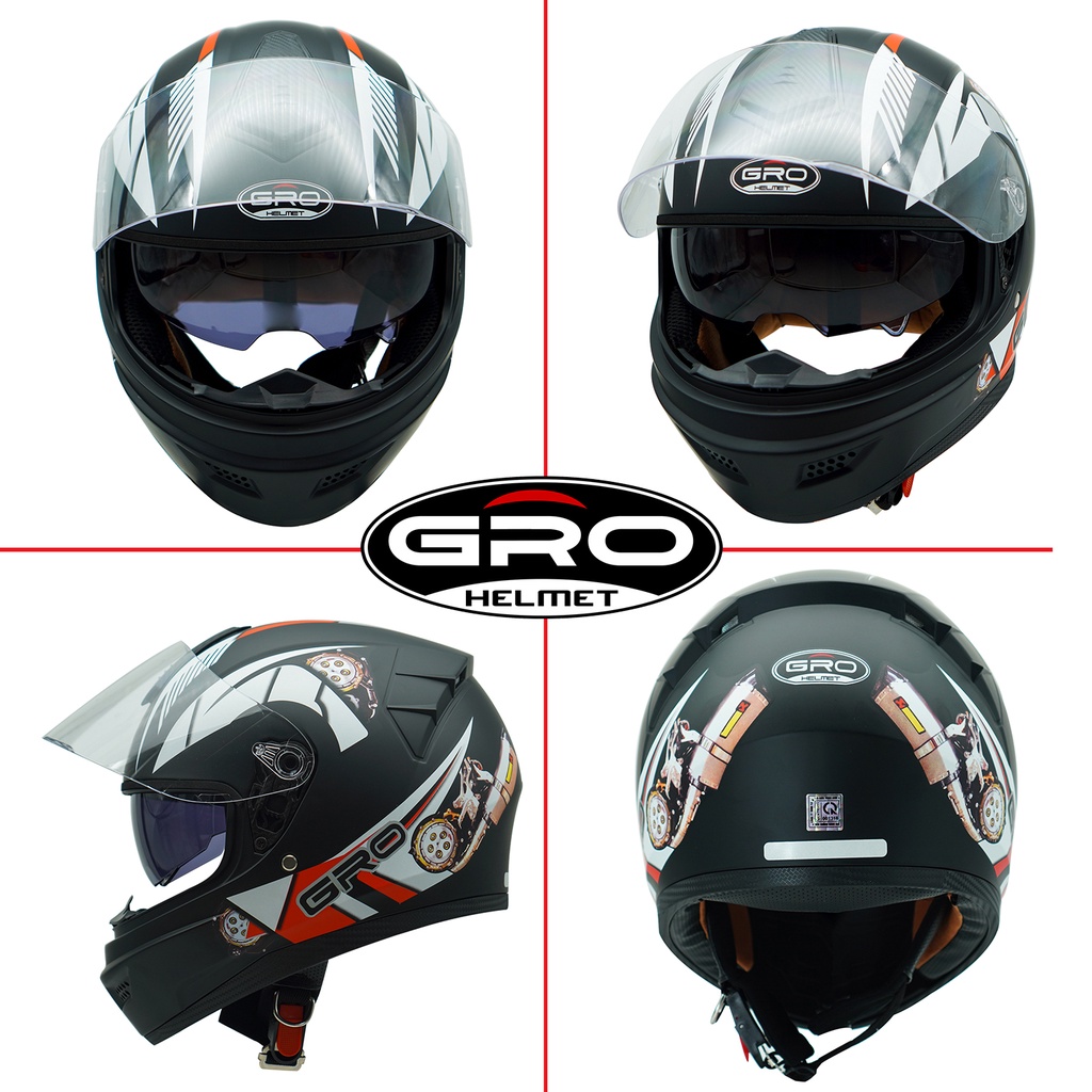Mũ Bảo Hiểm Fullface GRO Helmet có kính chính hãng, thiết kế 2 kính, kiểu dáng mạnh mẽ cho nam - Tem Trắng