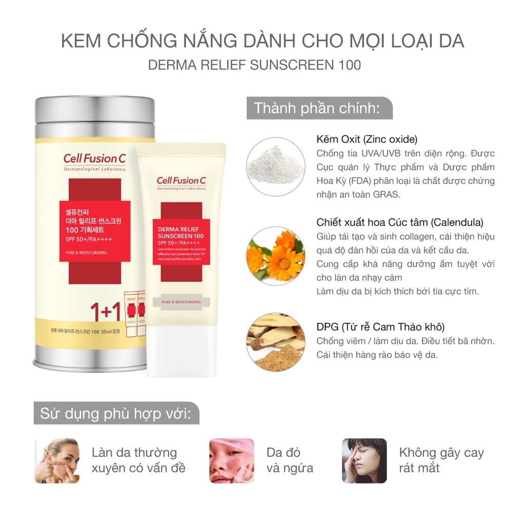 Kem Chống Nắng Dịu Nhẹ, An Toàn Cho Mọi Loại Da Cell Fusion C Derma Relief Sunscreen 100 SPF50+/PA++++