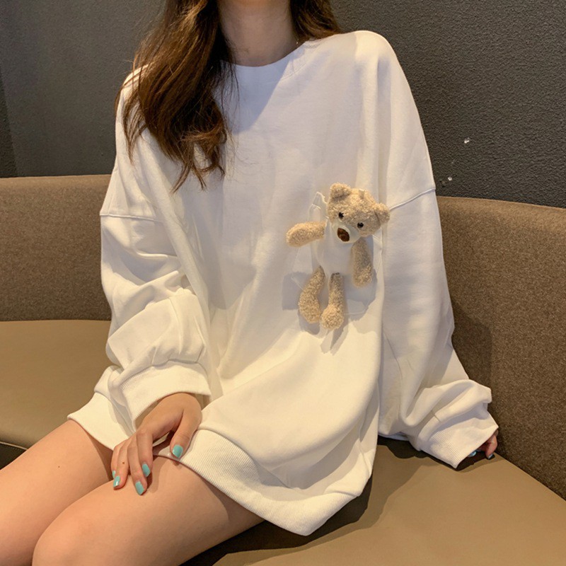 Áo Sweater Tay Dài Dáng Rộng In Hình Gấu Xinh Xắn Phong Cách Hàn Quốc Cho Nữ