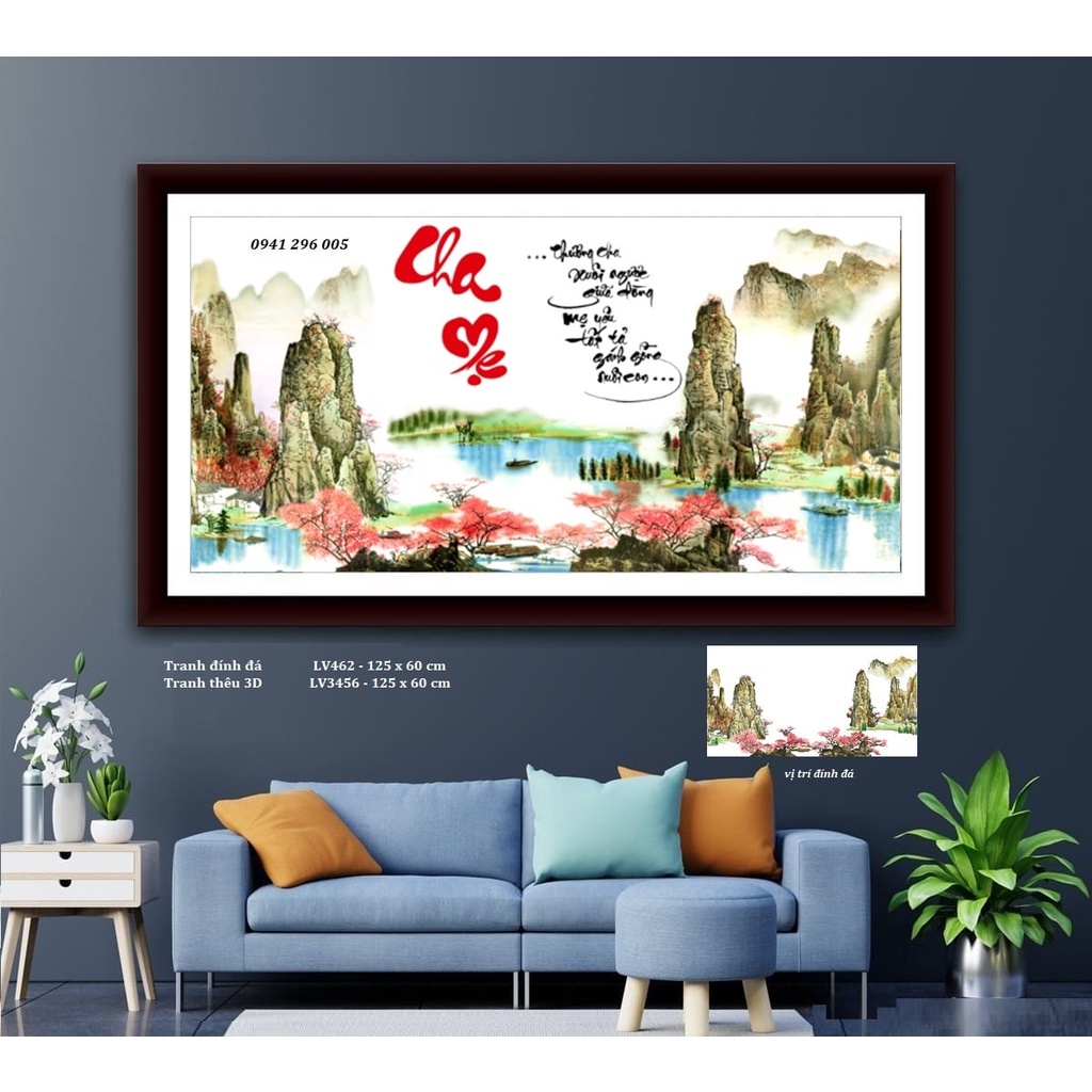 Tranh đính đá Cha Mẹ  LV462 - Tranh thêu LV3456 (KT:125x60cm) - tranh chưa làm, chưa khung