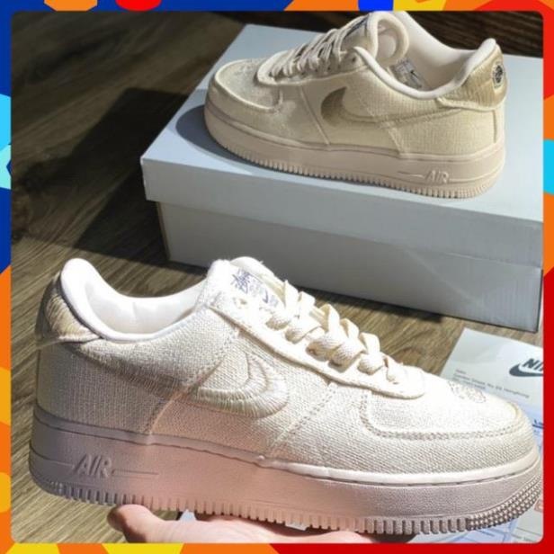 Giày Sneaker cổ thấp AF1 Air Force 1 Stussy Fossil Stone, Giầy AF1 Air Vải Kem đủ bill box