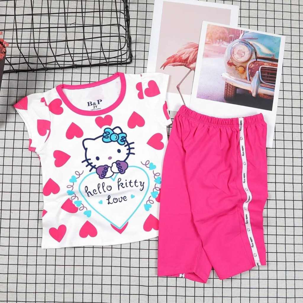 Bộ thun bé gái in kitty tim dể thương