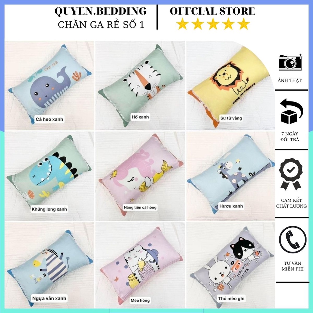 Gối Cotton Cho Bé , Gối Kèm Ruột Bông Gạo Tinh Khiết Siêu Êm Thấm Hút Tốt Hoạ Tiết 3D Ngộ Nghĩnh Đáng Yêu