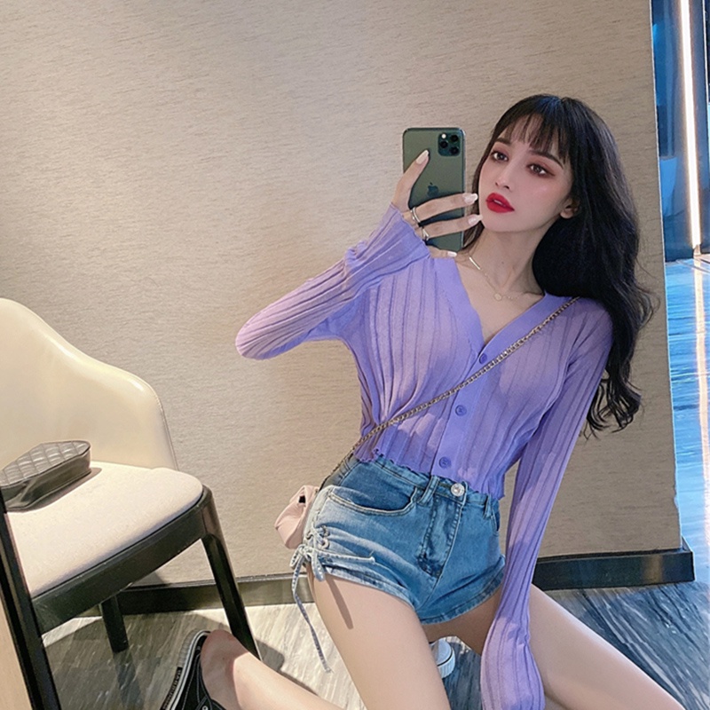 Áo cardigan IELGY dệt kim mỏng tay dài cổ chữ V màu sắc ngọt ngào thời trang mùa hè cho nữ