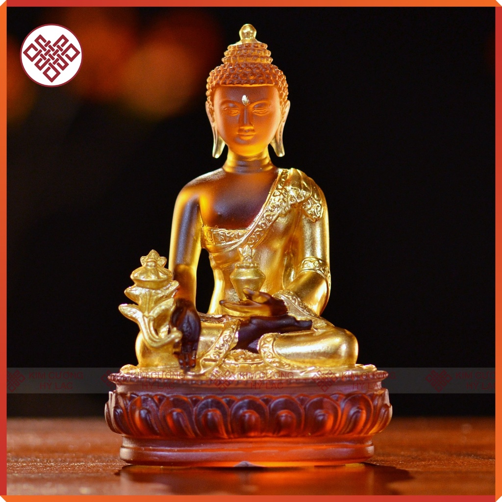 Tượng Phật Dược Sư Mật Tông [Kim Cương Hỷ Lạc] Lưu Ly Và Đế Sen Lưu Ly Màu Nâu