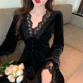 Váy midi nhung đen dài tay cổ v viền ren phong cách thời trang nữ cổ điển vintage