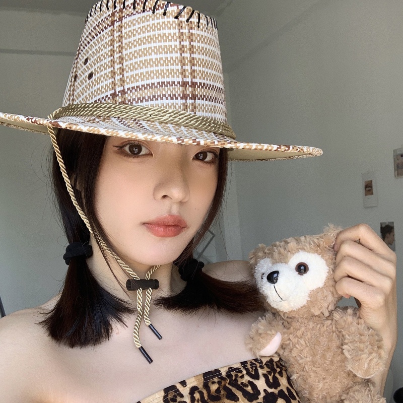 Nón Rộng Vành Họa Tiết Sọc Caro Dễ Thương Thời Trang Đi Biển Cho Nữ