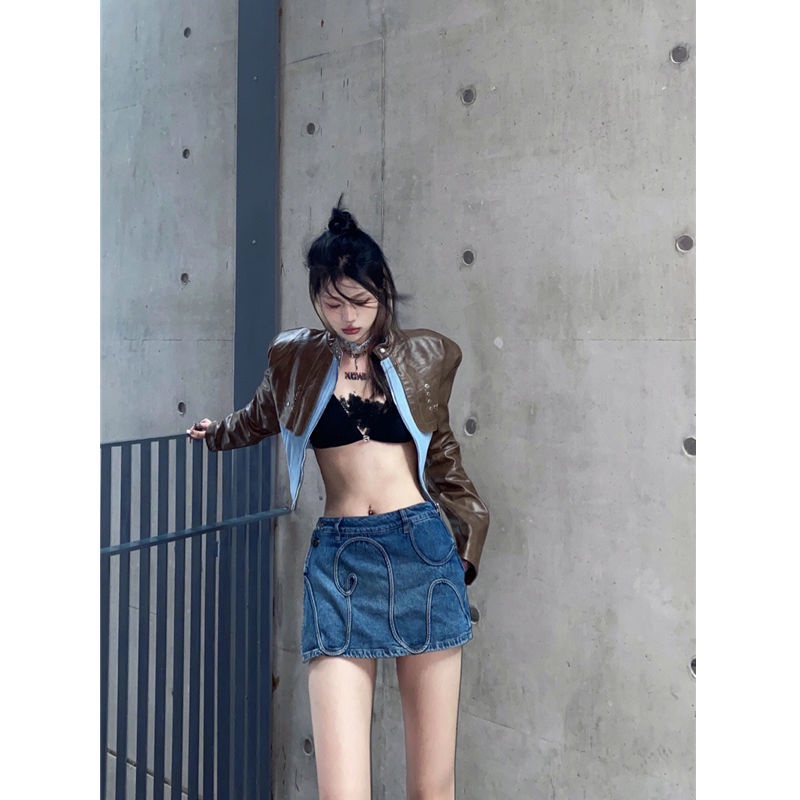 Áo Khoác Da Phối Chân Váy Ôm Dáng Phong Cách Đường Phố Mùa Thu Cá Tính Cho Nữ