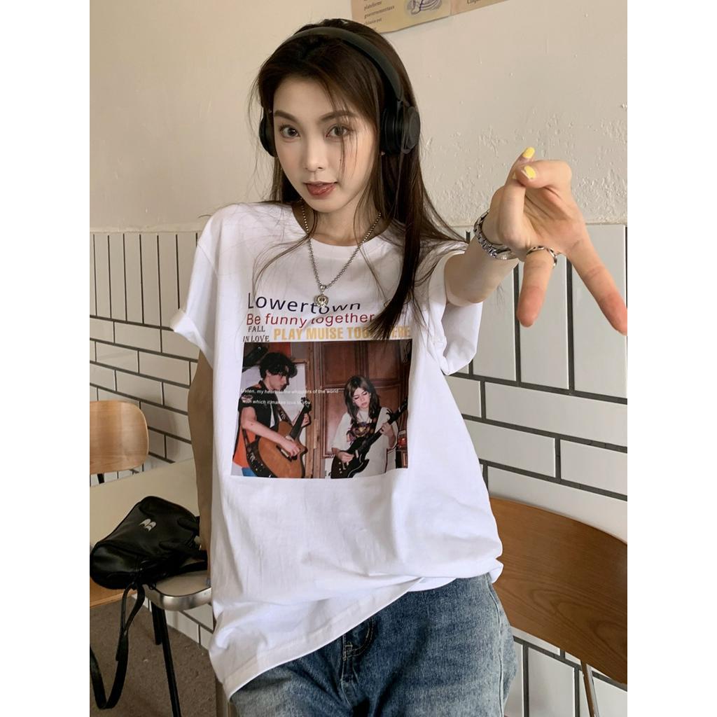 Áo Thun Cotton Dáng Rộng Ngắn Tay In Hình Phong Cách Retro Cá Tính 63656