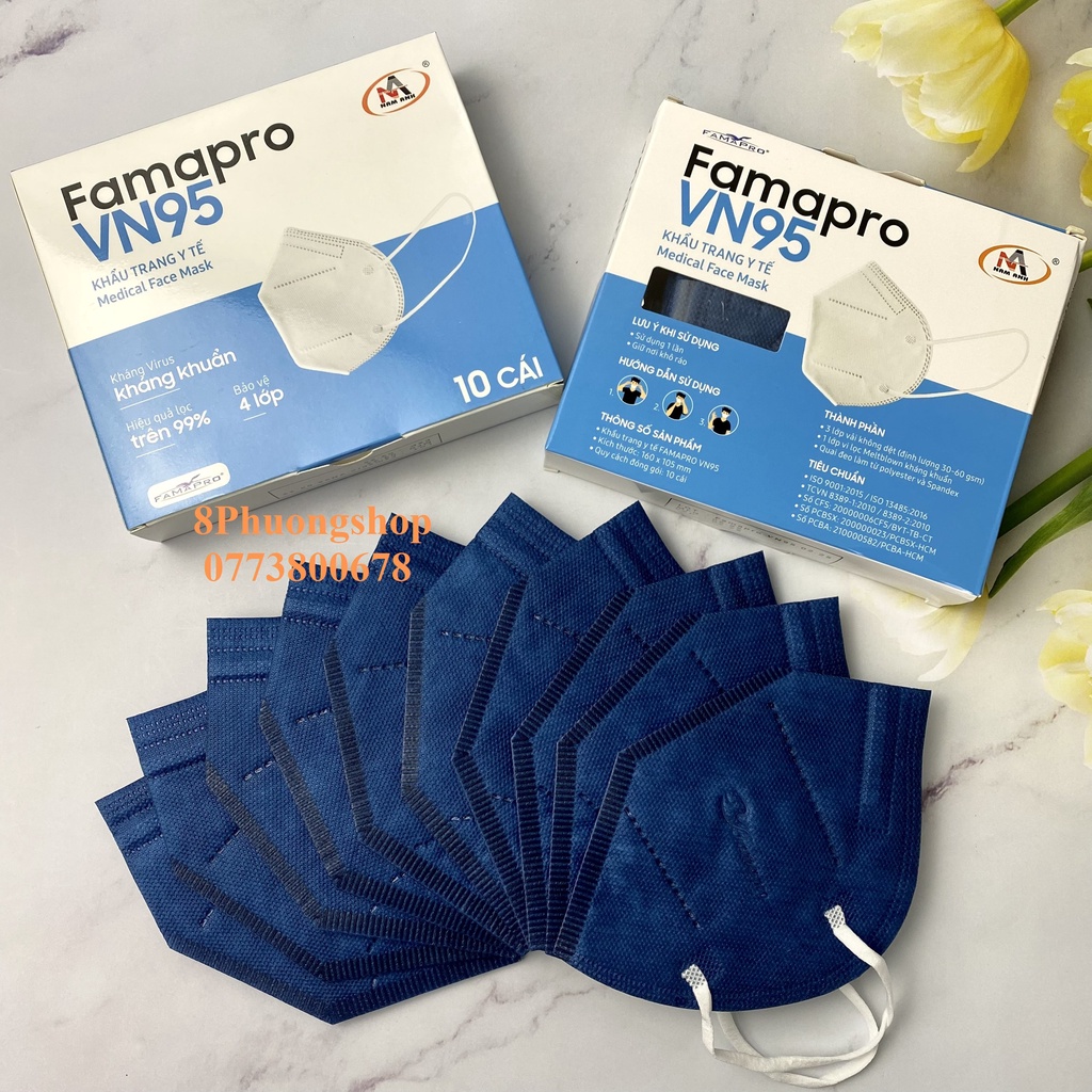 Khẩu trang y tế VN95 kháng khuẩn 4 lớp FAMAPRO Hộp 10 cái - 8 màu Trắng / Xám / Đen / Navy / Vàng / Hồng / Rêu