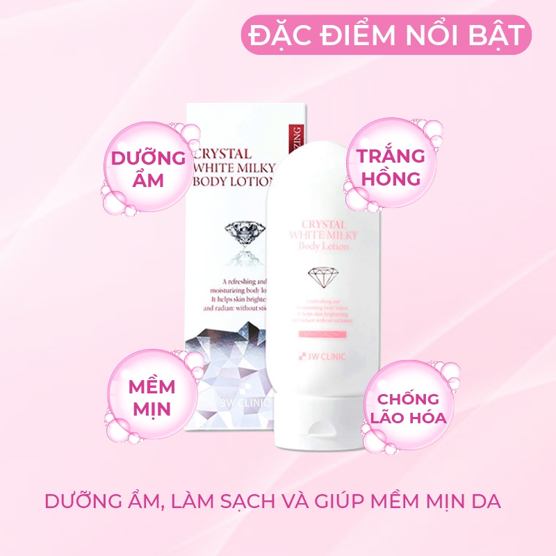 Kem body trắng da nâng tone 3W Clinic Hàn Quốc Crystal White Milk Lotion giúp da trắng sáng và dưỡng ẩm 150ml