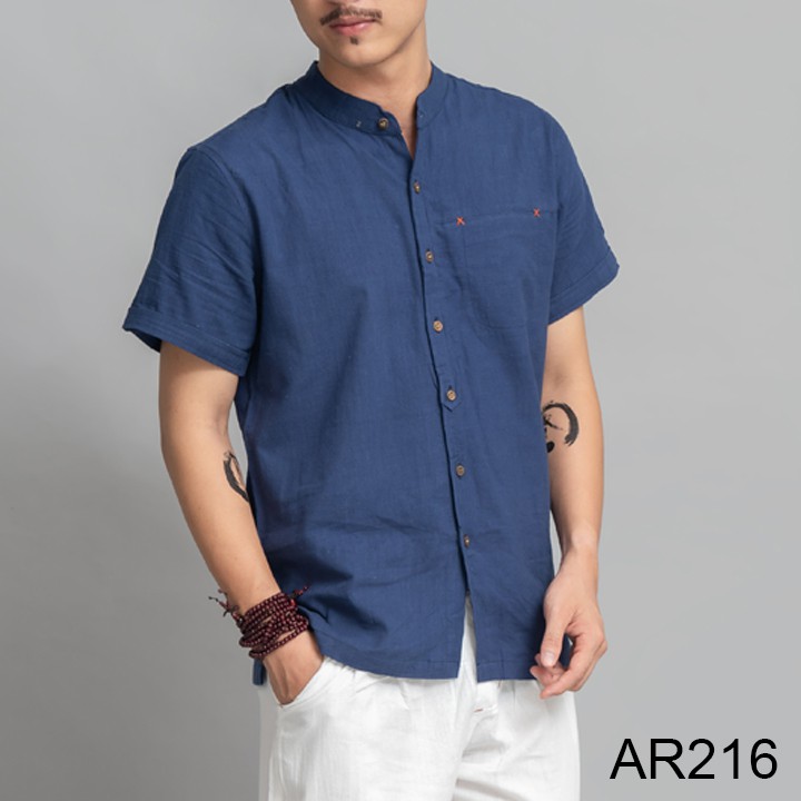 Áo sơ mi đũi nam cộc tay cổ tàu thời trang, áo sơ mi nam chất | BigBuy360 - bigbuy360.vn