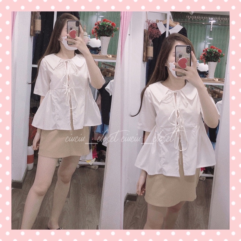 Set Áo Babydoll Trắng Cổ Gập Thắt Nơ Dáng Rộng Kèm Cv Kem Chất Vải Nhẹ ( Hàng Sẵn)
