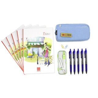 [TẶNG SỔ TAY] Combo 5 vở 4 ly ngang Hồng Hà Bistro 200tr 0740, compa chì gỗ, 5 bút semi gel xanh & túi bút vải Canvas
