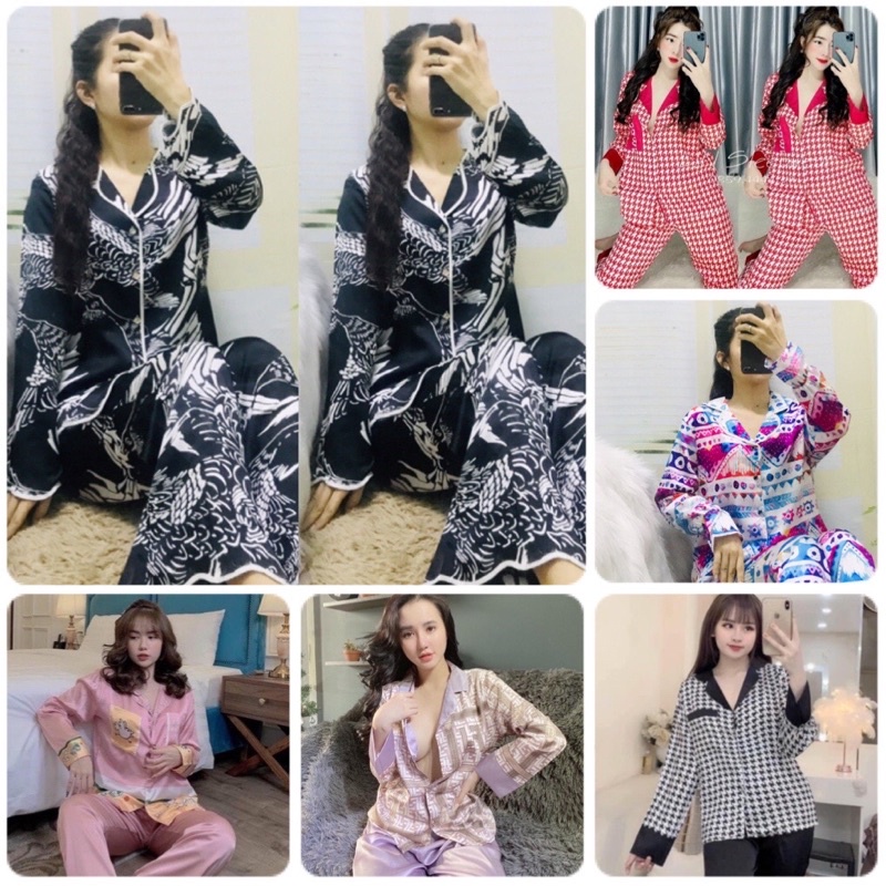 Đồ bộ lụa satin tay dài quần dài hoạ tiết sang chảnh