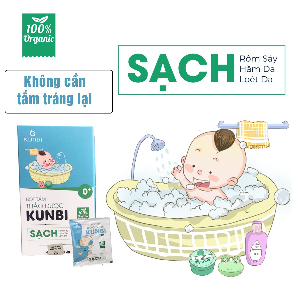 Bột tắm thảo dược cho bé Kunbii sạch rôm sảy hăm da loét da an toàn thân thiện 100% Organic SUATAM02