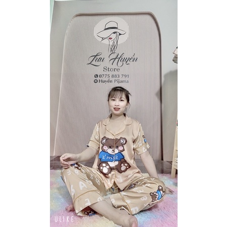 Đồ bộ pijama tay ngắn quần dài hình gấu nâu lụa latin