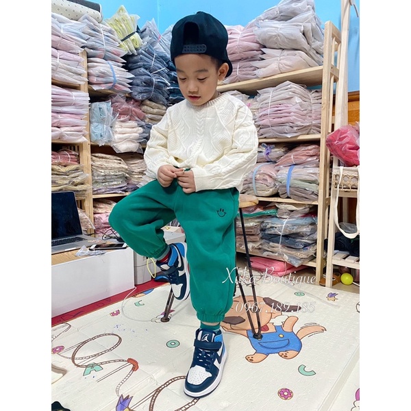 Quần Áo Trẻ Em | Quần Nỉ Lót Lông Dày Bo Gấu Cho Bé Thêu Mặt Cười Quảng Châu Cao Cấp Cho Bé 1 - 8 tuổi [Ảnh Thật]