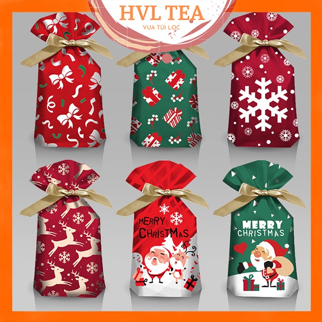 Túi đựng bánh kẹo thủ công có dây rút hoạ tiết Giáng sinh ( 50 túi/sp ), HVL TEA