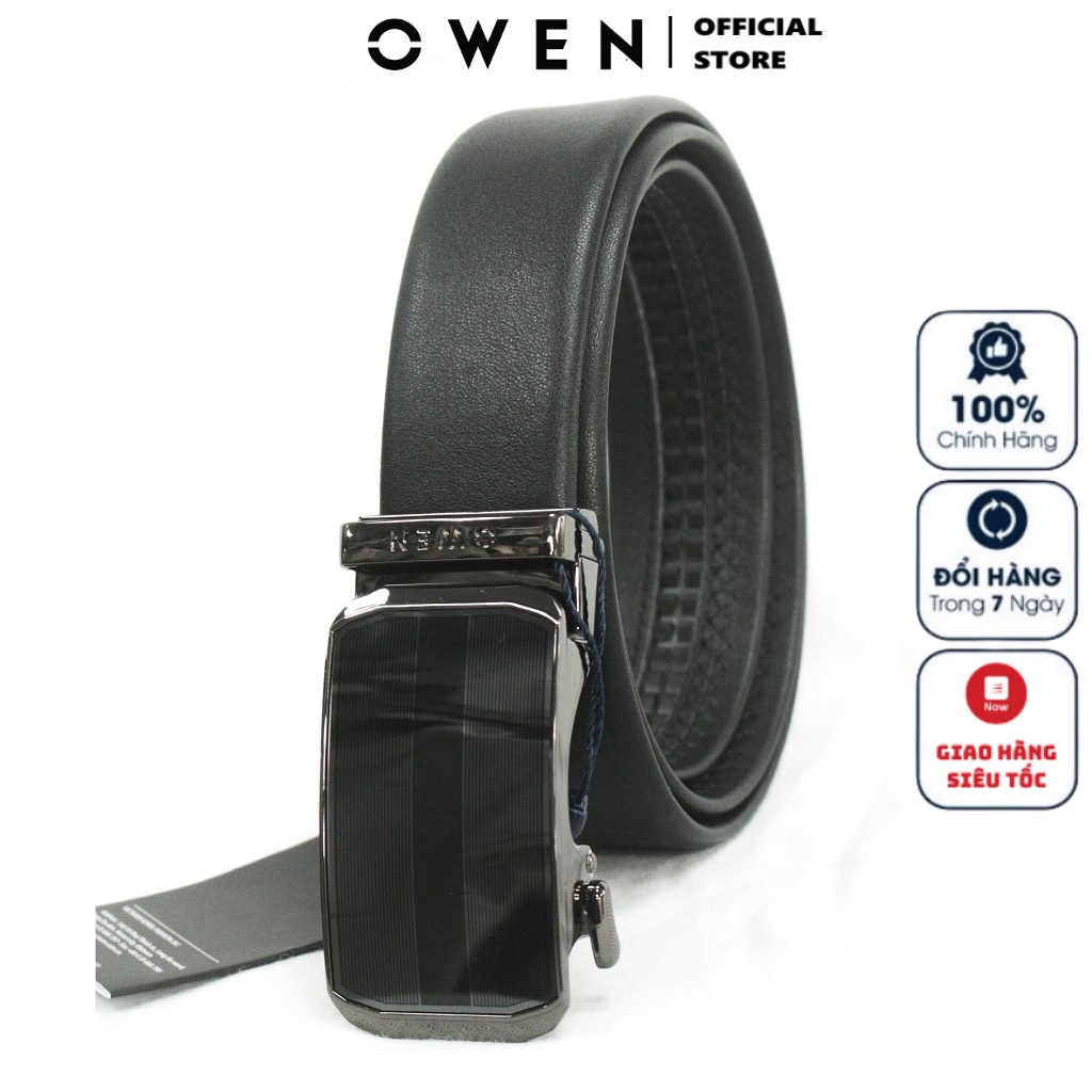 Thắt Lưng Nam Owen BELT220598 Dây Da Bò Thật Cao Cấp Nịt Nam Màu Đen Mặt Hợp Kim Đúc Nguyên Khối Khóa Trượt Tự Động