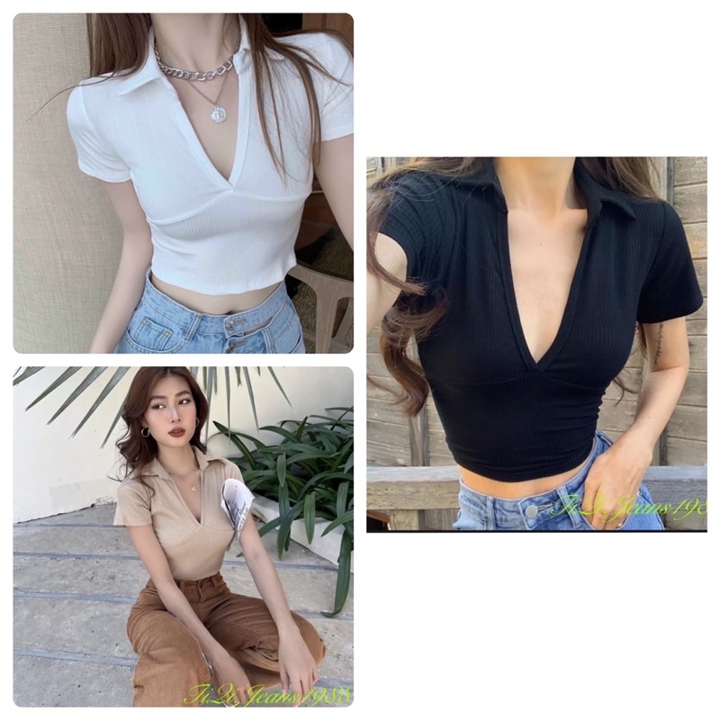 (kèm ảnh thật) ÁO CROPTOP THUN GÂN CỔ V SIÊU SEXY