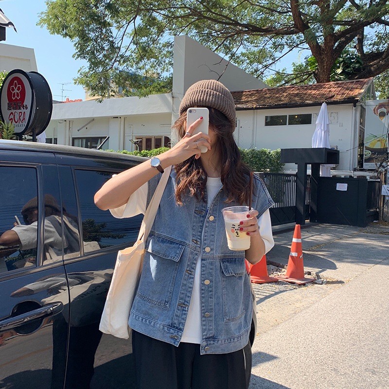 Áo gile denim có túi