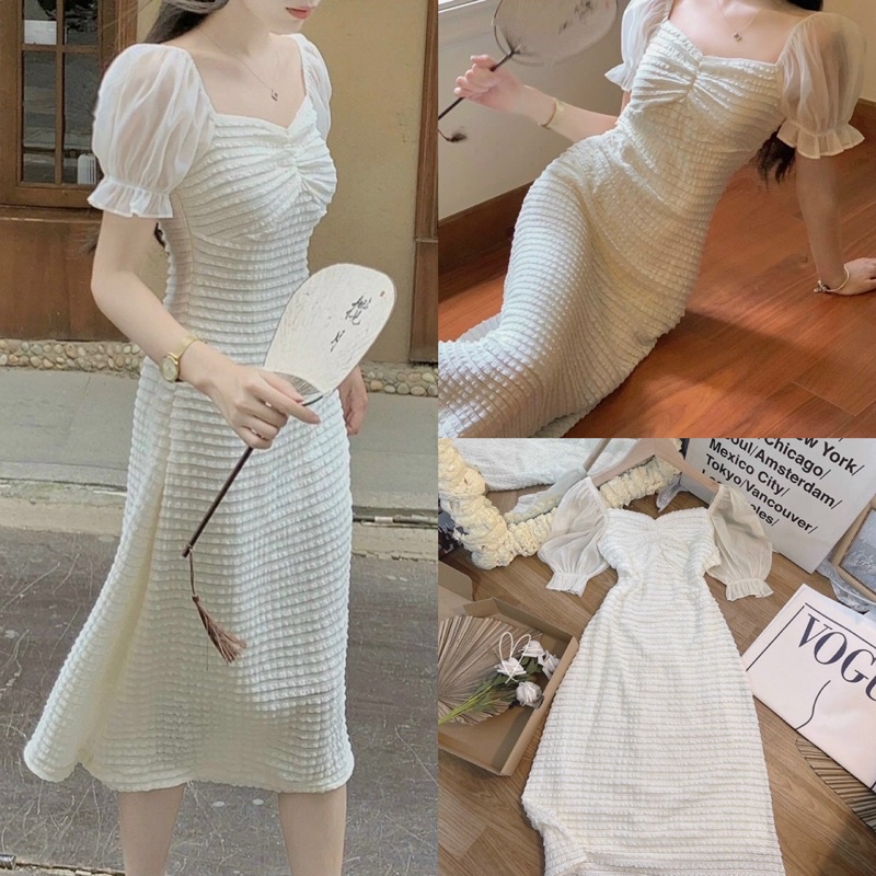 Váy midi voan nhún phối tay voan