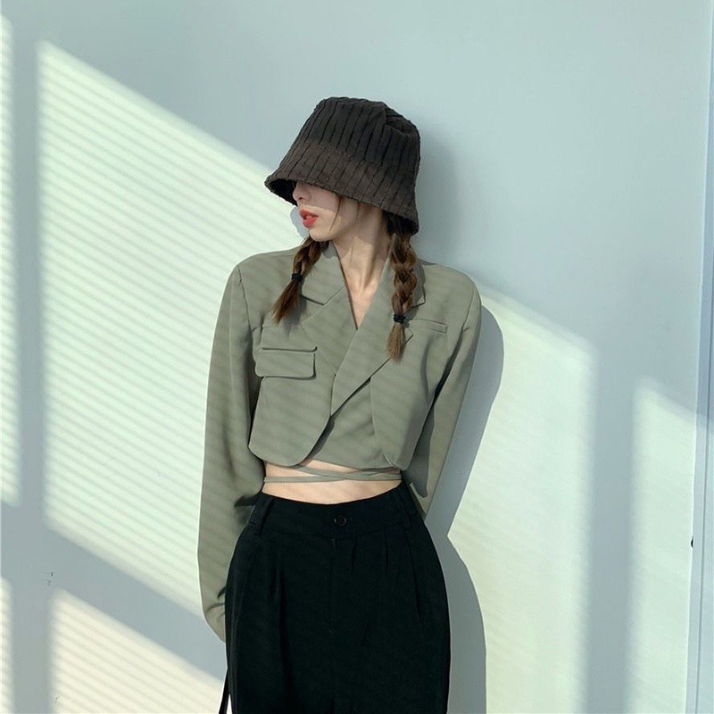 IELGY Áo khoác vest phối dây buộc eo dáng ngắn phong cách Hàn Quốc thanh lịch cổ điển cho nữ | BigBuy360 - bigbuy360.vn