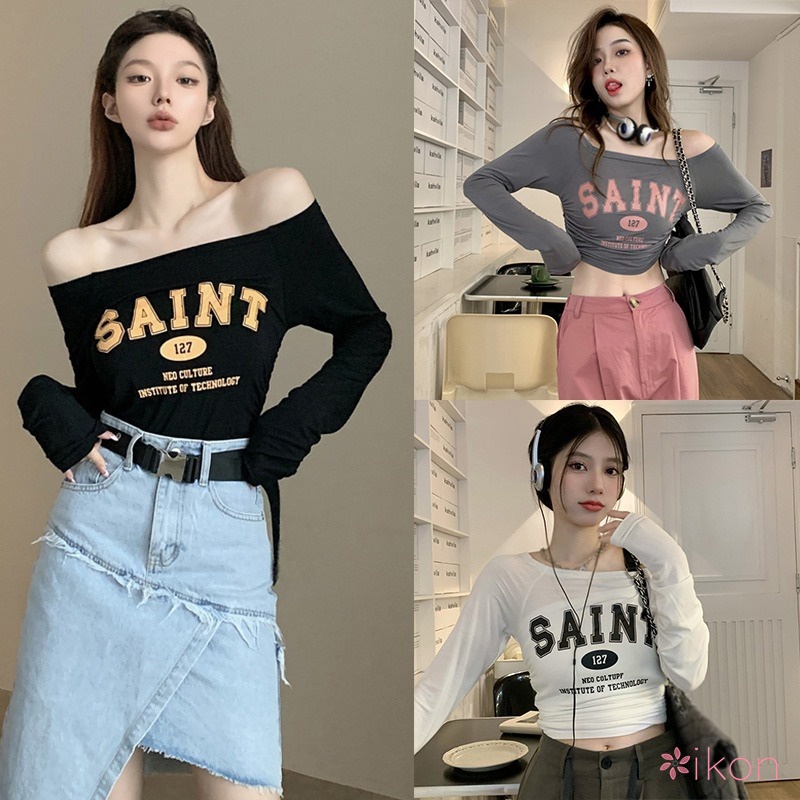 Áo Thun Tay Dài Hở Vai In Họa Tiết Phong Cách Hàn Quốc Thời Trang Cho Nữ