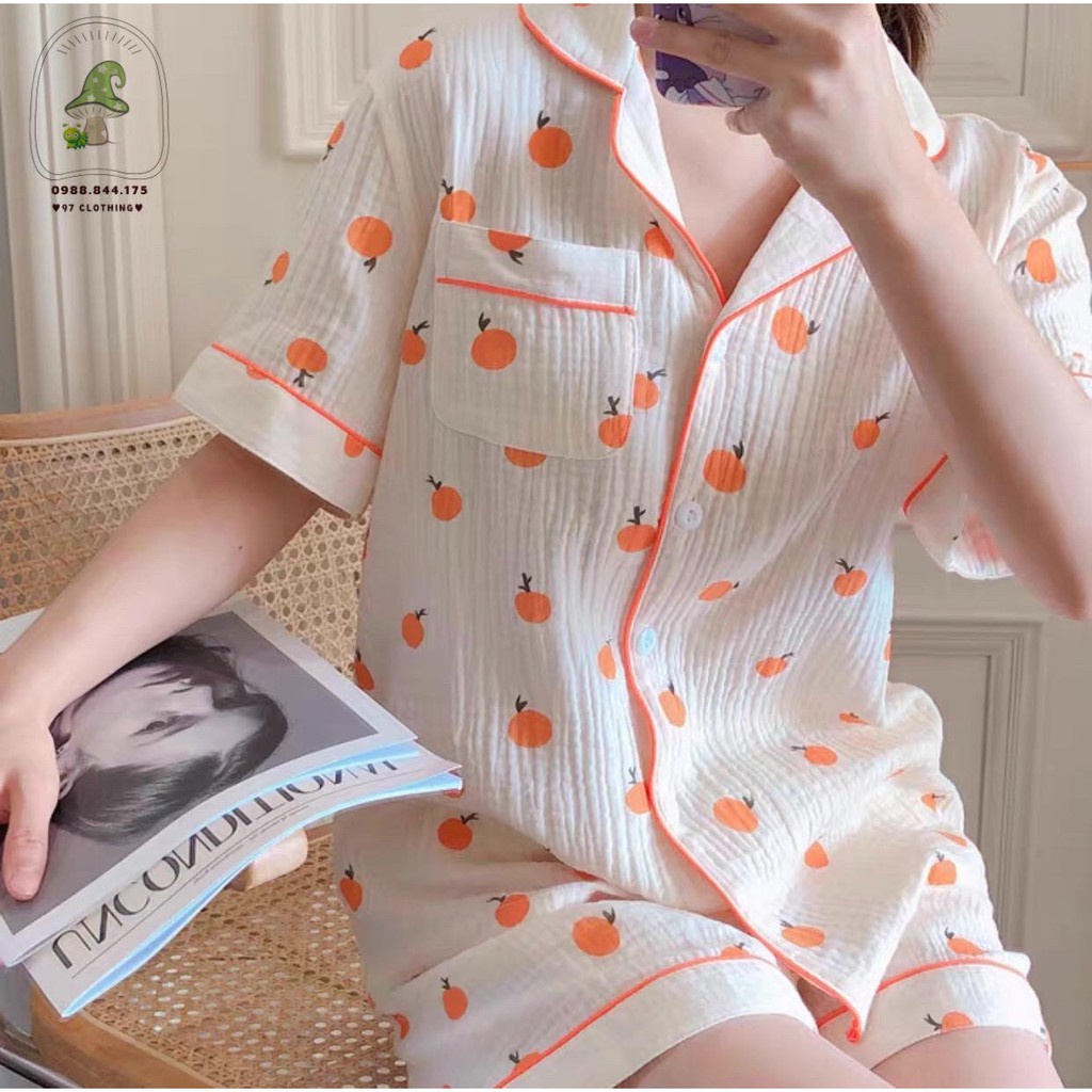 Bộ Đồ Nữ Pijama Cộc Tay Măc Nhà Chất Liệu Vải Xô Muslin Mềm Mịn Không Xù, Bộ Đồ Ngủ Gồm Áo Cốc Tay Và Quần Đùi Cho Nữ