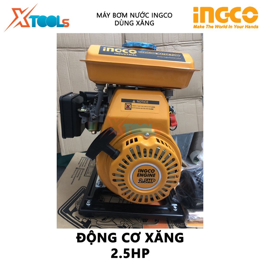 Máy bơm nước dùng xăng INGCO GWP102 | máy bơm nước Chiều cao bơm 16m, Lưu lượng bơm 100L/min, dung tích xilanh 105cc tăn