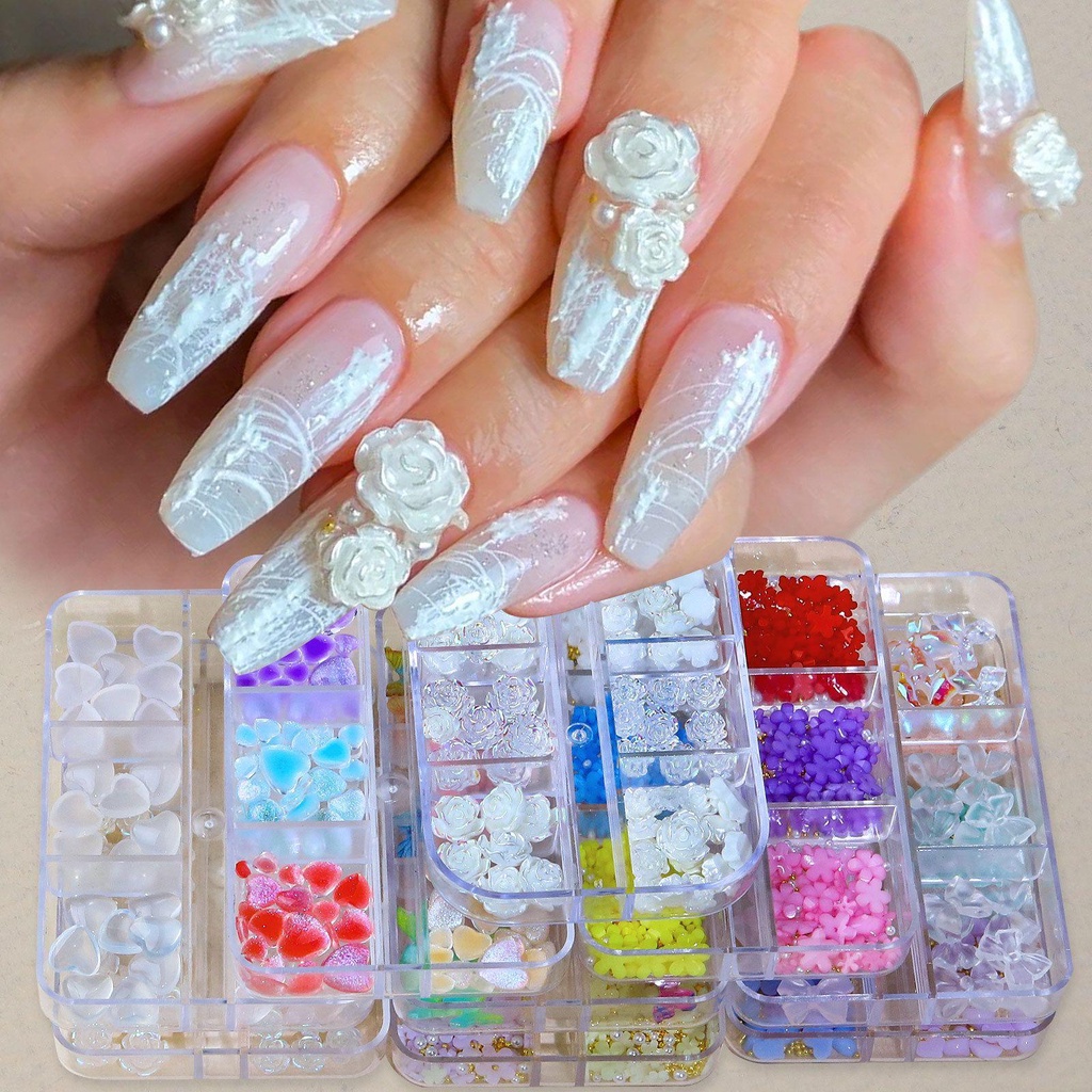 NIUYOU Hộp 6 Ngăn Đựng Hạt Nhựa Acrylic Hình Bướm 3D Trang Trí Móng Tay DIY
