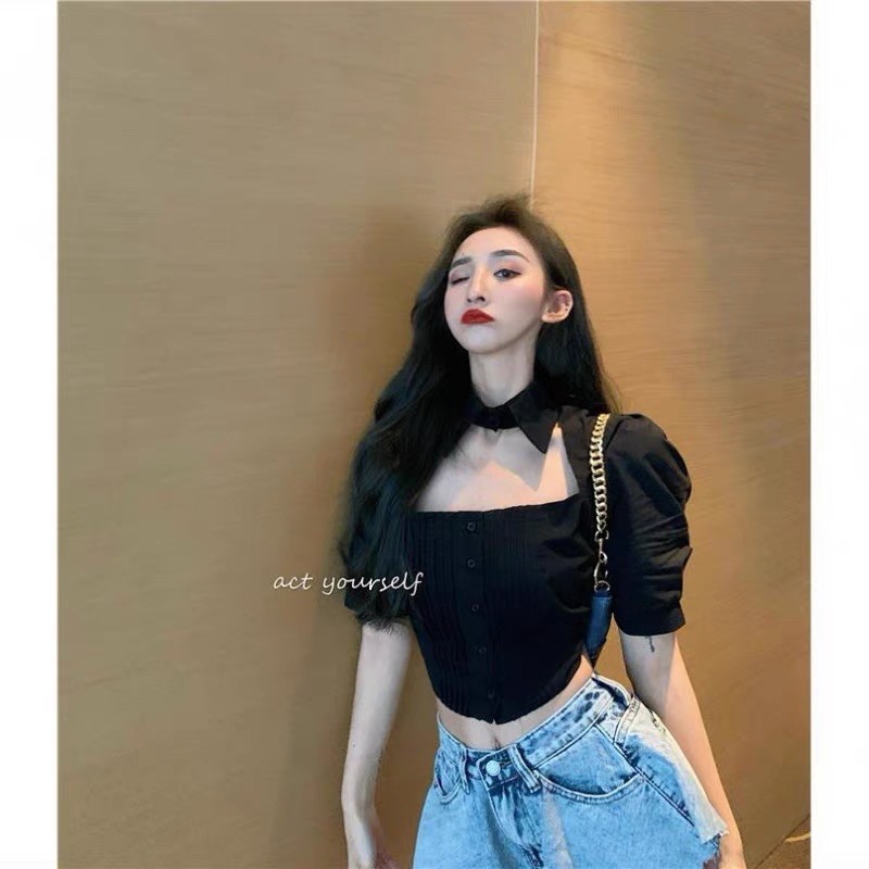 Áo Croptop Cổ Cutout Phối Chun Nhún (ẢNH THẬT+VIDEO)