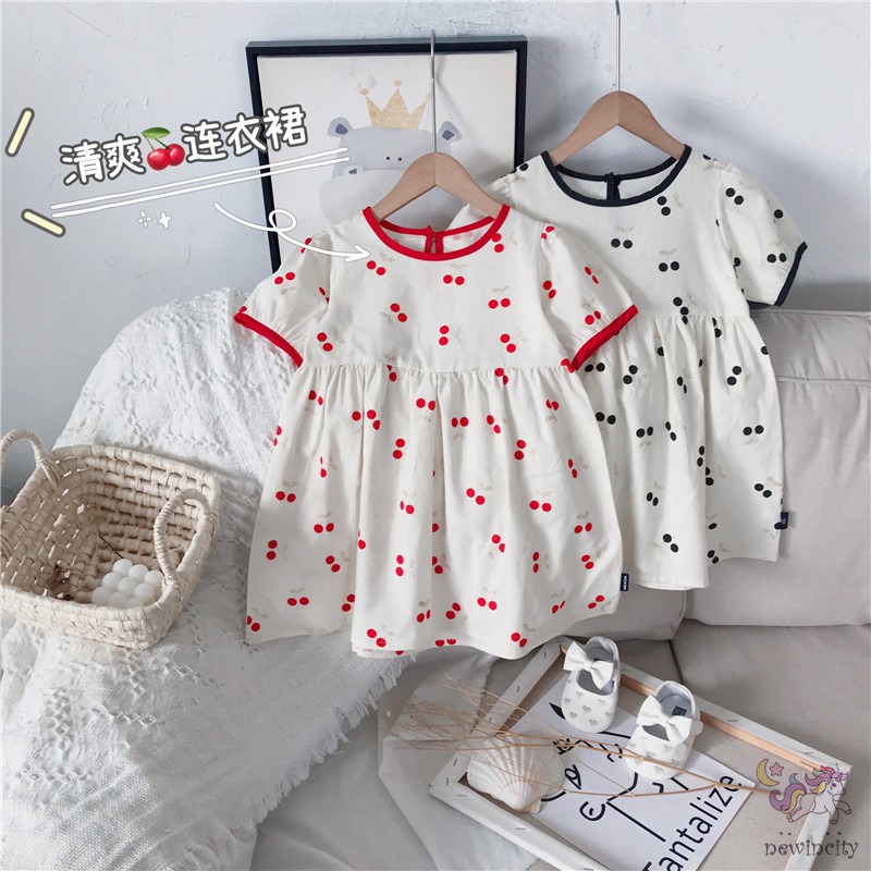 Korean Kids Girls Fashion Sweet Style Cherry Print Lantern Sleeve Design Dress