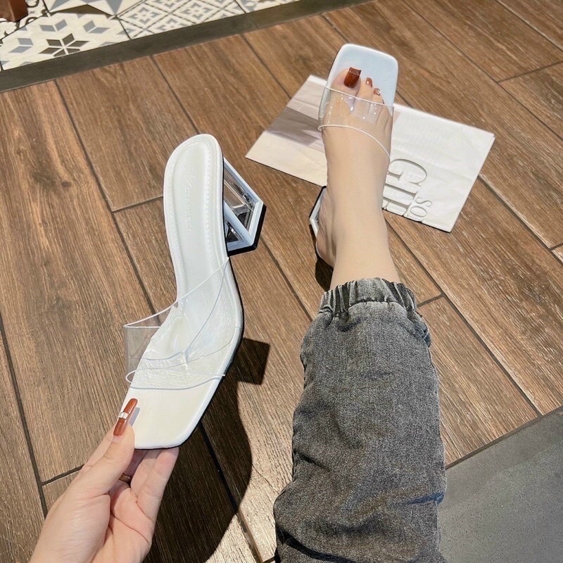 L206: Guốc quai trong gót hộp thuỷ tinh, gót vuông 7cm