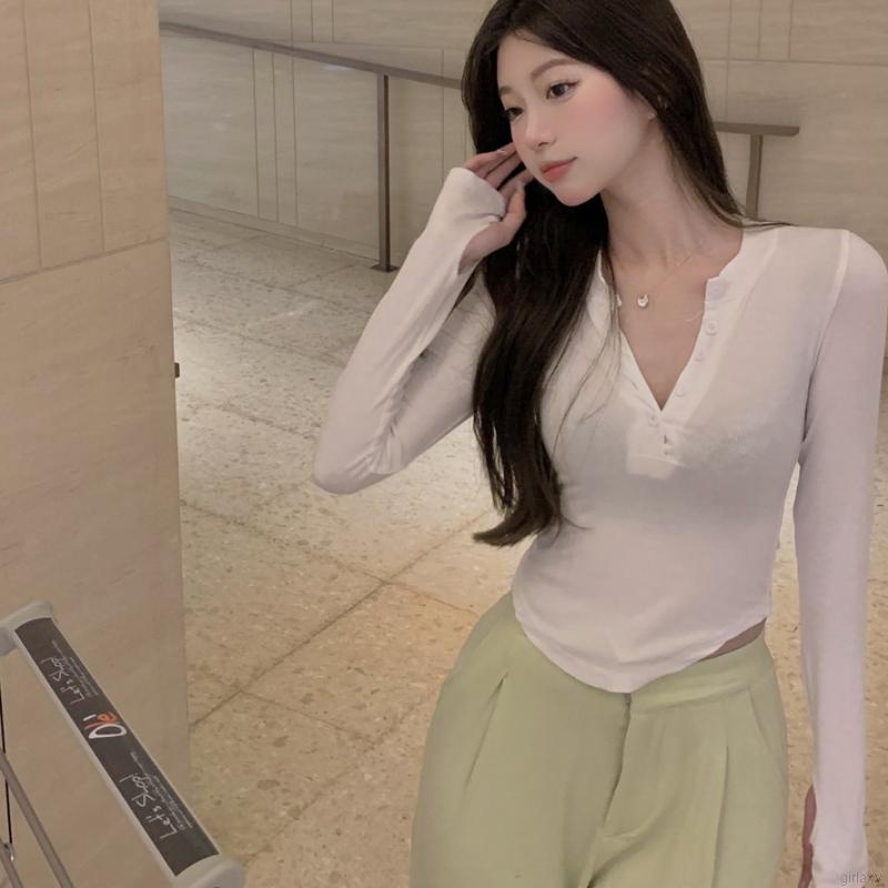 Áo thun tay dài cổ chữ V màu sắc đơn giản phong cách Hàn Quốc cho nữ