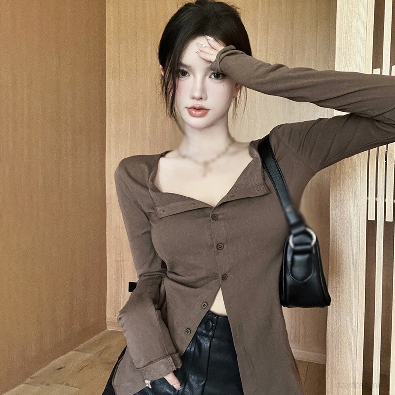Áo Croptop Tay Dài Thoáng Khí Phong Cách Hàn Quốc Thời Trang Cho Nữ