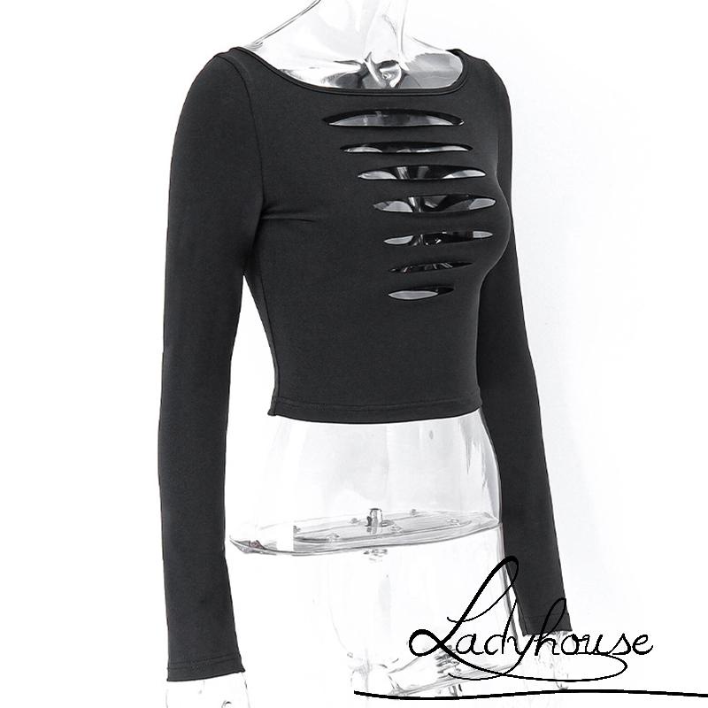 Áo Thun Crop Top Tay Dài Cổ Thuyền Màu Trơn Ôm Dáng Khoét Lỗ Dành Cho Nữ Đi Tiệc Câu Lạc Bộ