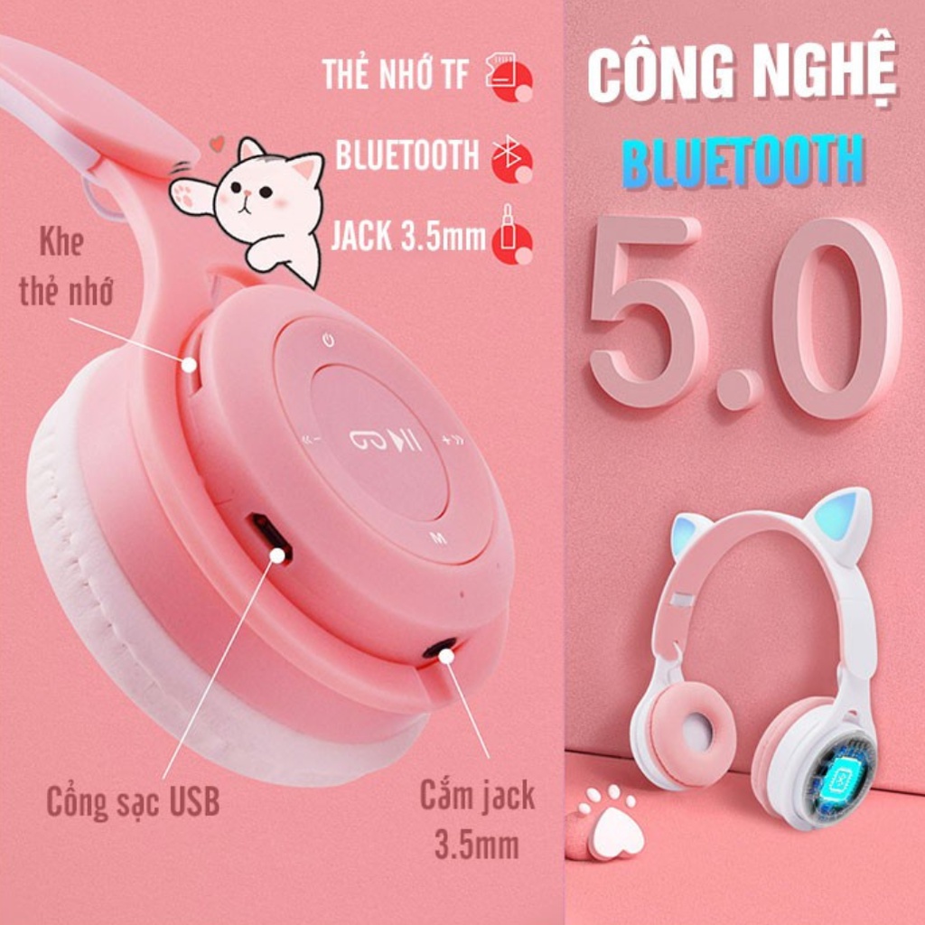 Tai nghe mèo chụp tai bluetooth không dây có mic BOMAN, Tai phone bluetooth không dây gaming có đèn led đổi màu cute