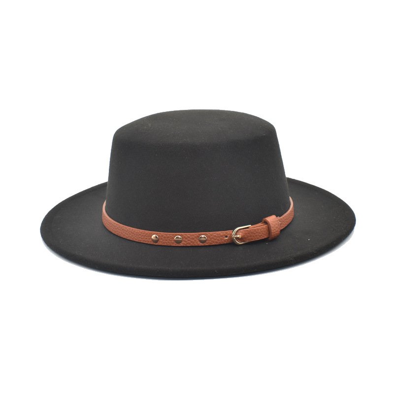 Women's Autumn and Winter New Flat-Top Cap Belt Accessories Woolen Hat Panama Fedora Hat Men's Hat