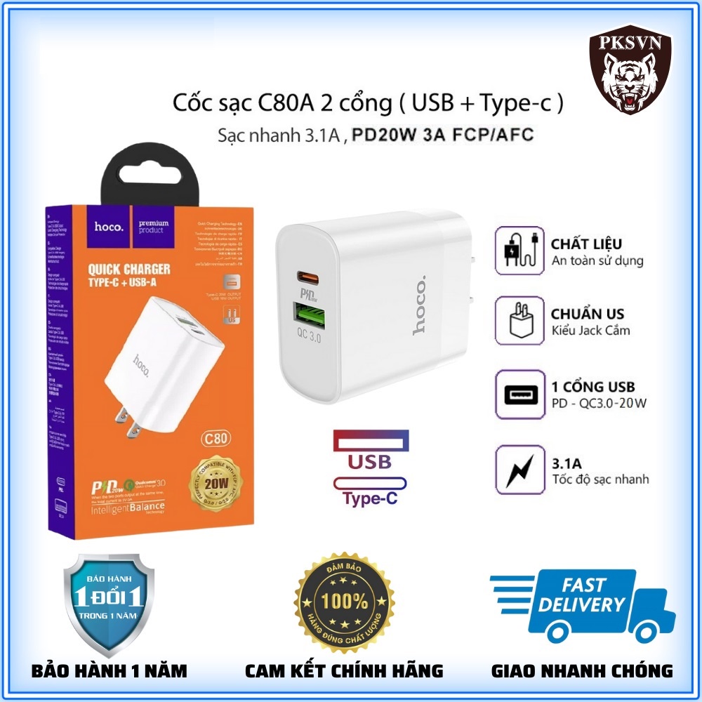 Củ Sạc Nhanh 20w C80 Chống Cháy Nổ - Cốc Sạc Nhanh 2 Cổng USB và Type C Sạc Nhanh 50% Pin trong 30p -  BH 1 Năm