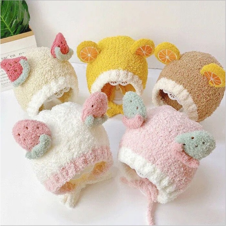 Mũ Lông cừu Hoa Quả cho bé yêu , mũ lông ấm áp mùa đông cho bé 1- 3 tuổi.