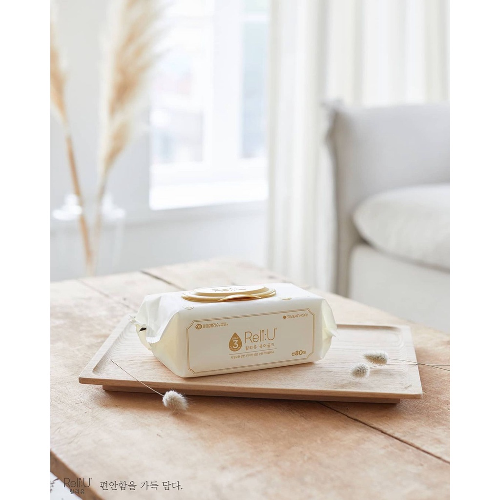 Khăn Giấy Ướt Cao Cấp Hàn Quốc Greenfinger Reli:U Pure Gold Wipes 72 tờ/ 1 Túi Màu Vàng