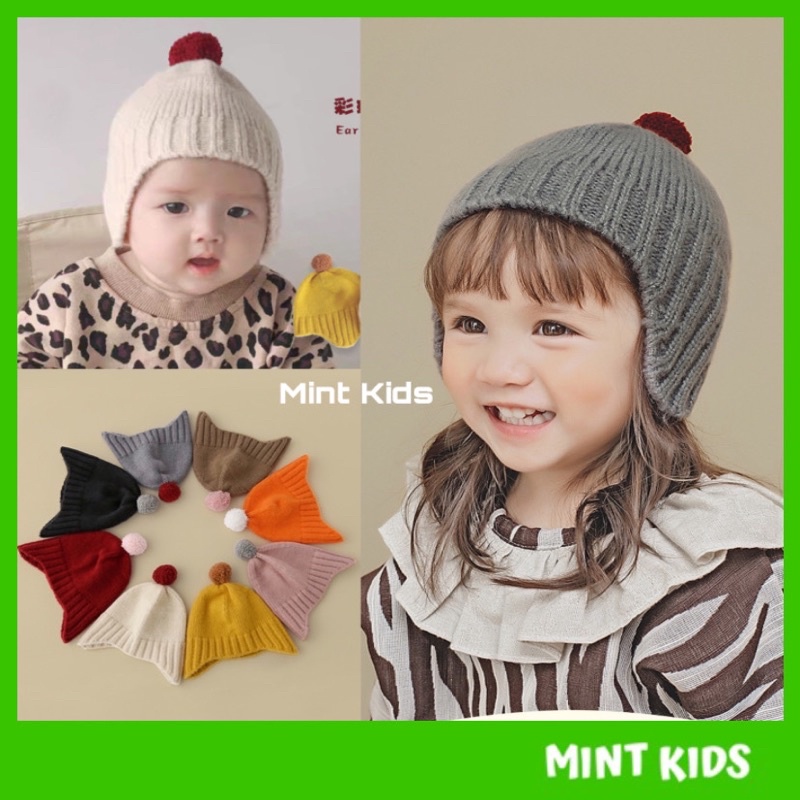 Mũ len cho bé chùm tai ấm áp, đính hình bông sắc màu dễ thương, từ 5 tháng đến 3 tuổi
