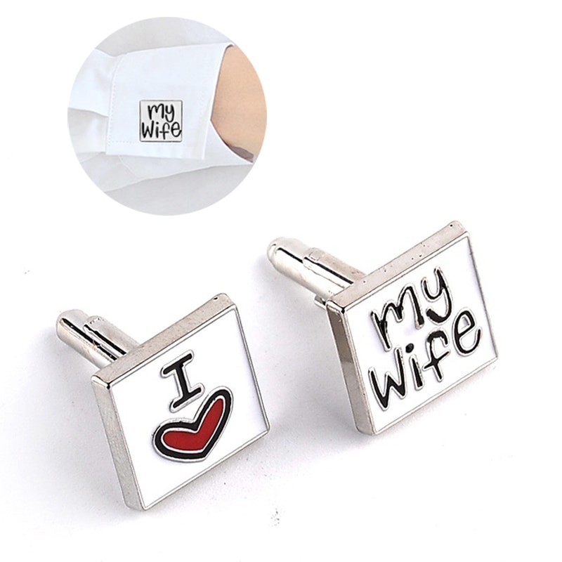 Khuy măng séc bằng hợp kim kẽm phối chữ I love my wife cài áo sơ mi cưới cho nam
