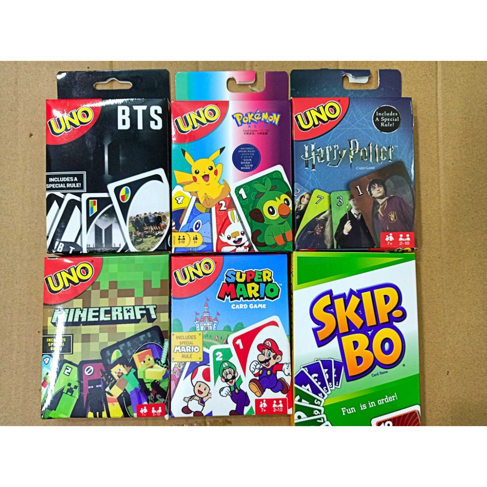 Thẻ bài Uno In Hình Hoạt Hình Bộ bài trò chơi Uno Classic, Wild, Skip Bo, Flip, Phase 10, DOS, BTS, Harry Porter,Supe