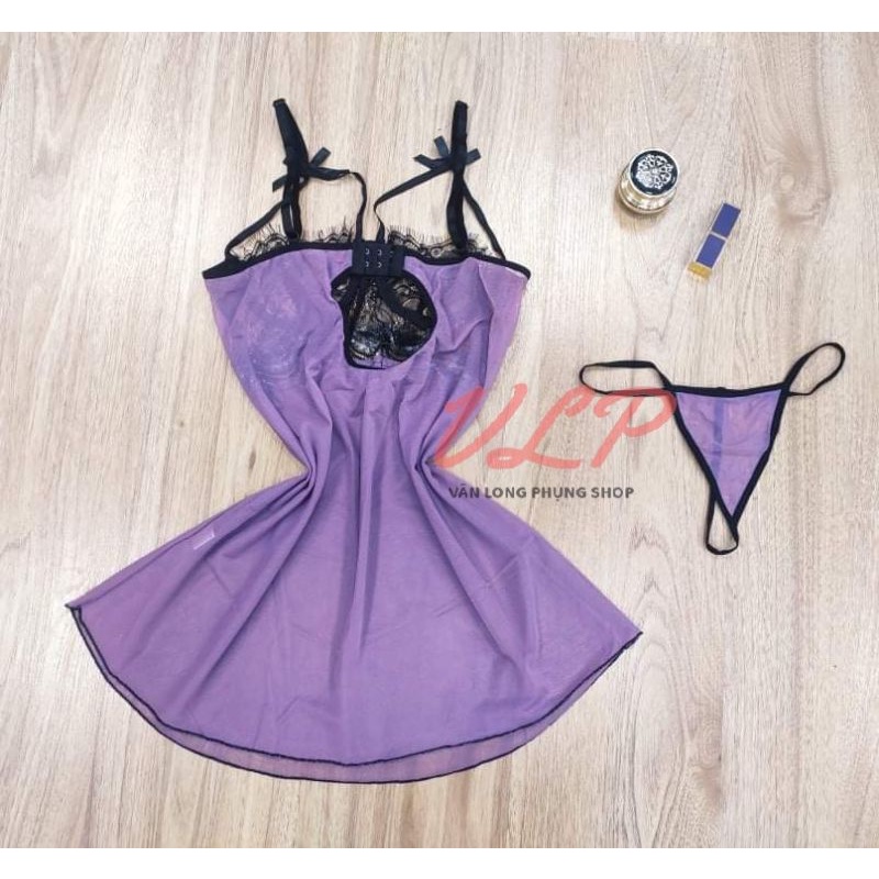 [SÓT KHO XẢ HÀNG]_Váy ngủ Voan tím phối ren ngực kèm gọng nâng ngực xuyên thấu sexy