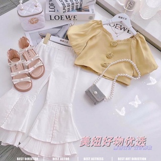 Set áo đũi vàng quần loe bé gái