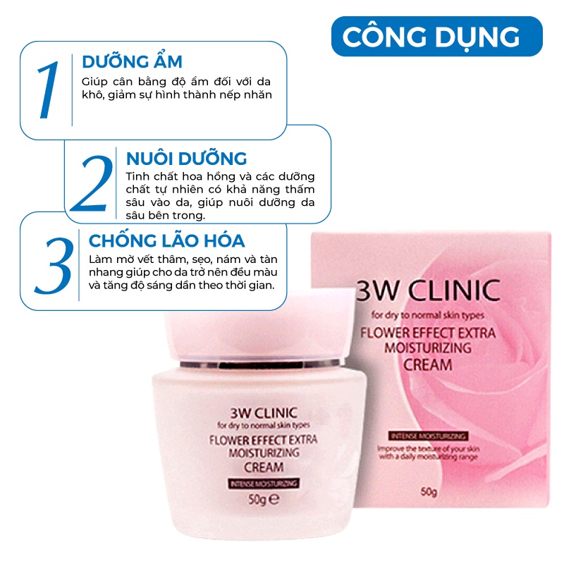 Kem trắng da - Kem dưỡng trắng da dưỡng ẩm chiết xuất từ Hoa Hồng 3W Clinic Hàn Quốc 50ml