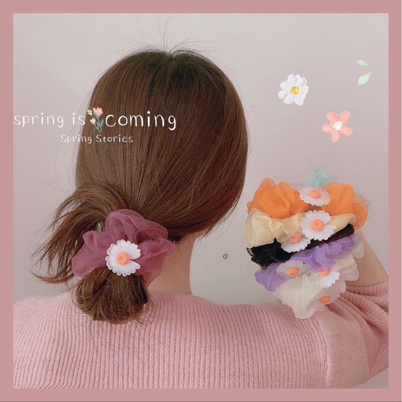 Nơ buộc tóc scrunchies đính hoa tiểu thư